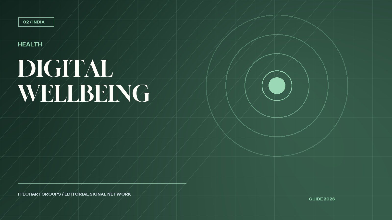 Abstract digital wellbeing composition in navy, green and warm ivory