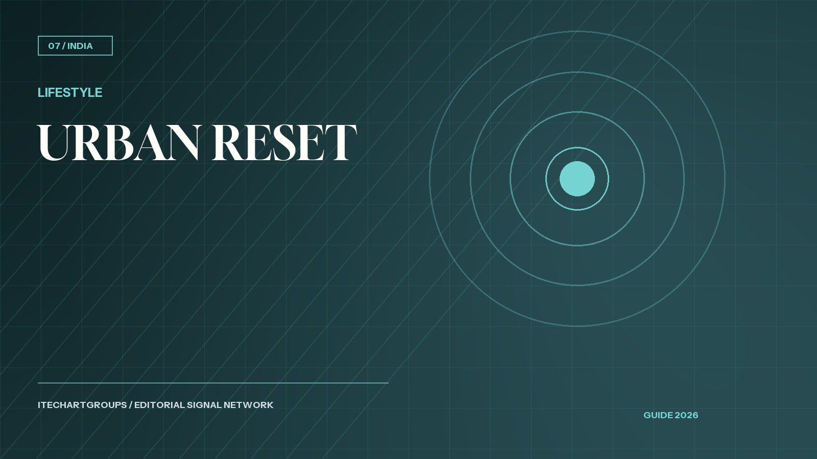 Abstract urban lifestyle reset composition in navy, green and warm ivory